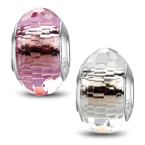 MICOO 925 Sterling Silver Charms for Bracelets,Fashion DIY Dangle Pendants Beads Simulated Birthstone Charms,Birthday Gifts for Women - color: 2 White and Pink Charms