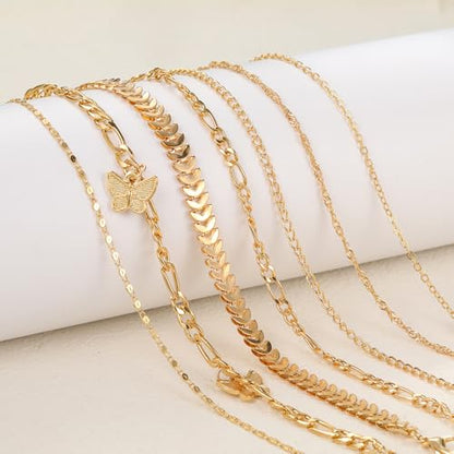 Adjustable Waterproof Layered Bracelets for Women Summer Beach Cuban Link Chain Anklets Set Herringbone Paperclip Beaded Snake Chain Stackable Anklet Stainless Steel Jewelry Bracelet - color: 7PCS-Gold