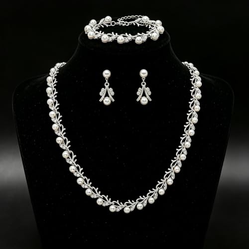 Rhinestone Pearl Jewelry Set Bracelet Necklace Earring for Women | Adjustable Extension Chain, Wedding Bridal Accessories, Faux Pearl Rhinestone Combo, Elegant Gift for Women - color: Silver