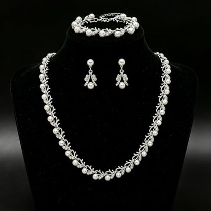 Rhinestone Pearl Jewelry Set Bracelet Necklace Earring for Women | Adjustable Extension Chain, Wedding Bridal Accessories, Faux Pearl Rhinestone Combo, Elegant Gift for Women - color: Silver