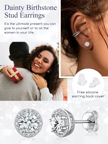 Suplight 925 Sterling Silver Birthstone Stud Earrings for Women, Round/Heart/Teardrop/Square Crystal Diamond Earrings for Women, Dainty Birthday Gifts Jewelry - color: style a-04. round-April(Clear Cubic Zirconia)