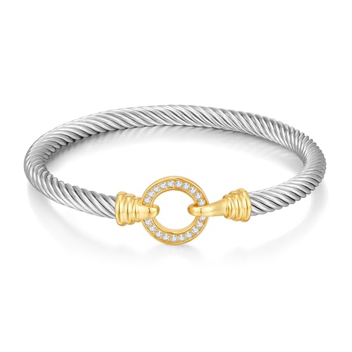 WOWORAMA Twisted Cable Wire Bracelets Two Tone Bangle Bracelet for Women | Stainless Steel, Unisex Gold Silver Bracelet, Mixed Metal Chunky Bangles Jewelry - color: Silver Circle