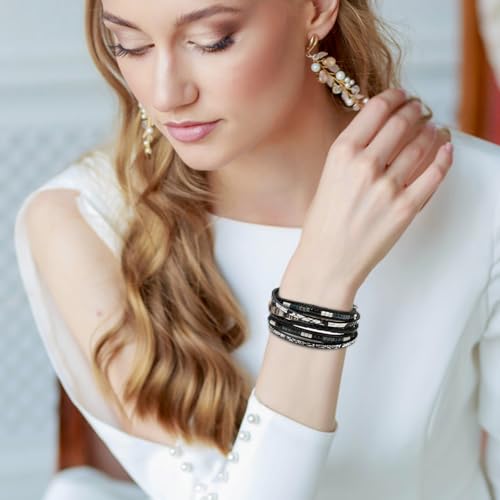 Fesciory Leather Wrap Bracelets for Women, Boho Western Layered Jewelry | Layered leather cuff bracelets, Easy on and off, Boho western style, Daily wear, Gift for women - color: Black 1