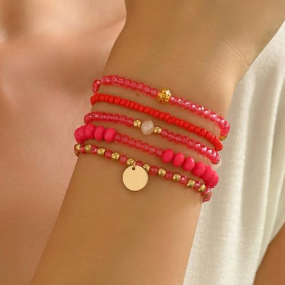 Bohemian Handmade Crystal Seed Beads Disc Pendant Colorful Multilayered Elastic Bracelets Stackable Stretch Strand Bangles Friendship Summer Beach Jewelry for Women - color: red