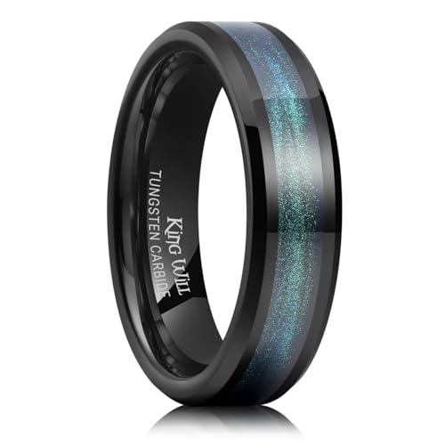 King Will Mens Galaxy Tungsten Wedding Band | 6mm/8mm, Beveled Edge, Comfort Fit, Durable, Sandstone Opal Inlay Polished, Everyday Wear - color: Blue Green-6mm