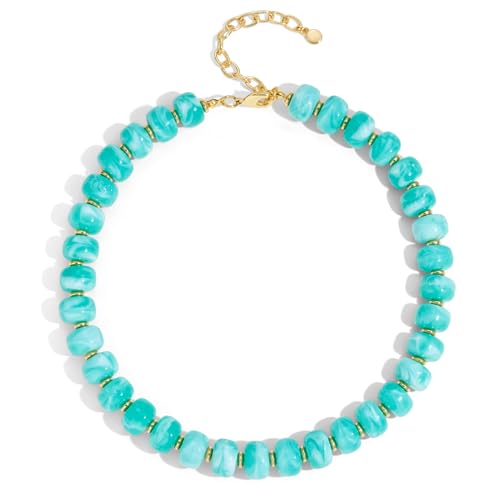 Chunky Colorful Choker Necklace for Women - Summer Beach Round Resin Beads Necklace, Trendy Statement Summer Beach Jewelry Birthday Gifts for Vacation Holiday - color: 14mm Light Bule Beads