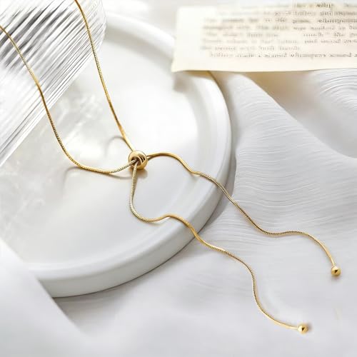 18K Gold Plated Lariat Necklace for Women, Long Gold Y Necklace | Adjustable Long Gold Necklace for Women, Sliding Bead Lariat Design, Y Pendant Necklace, No Clasp Layering Jewelry