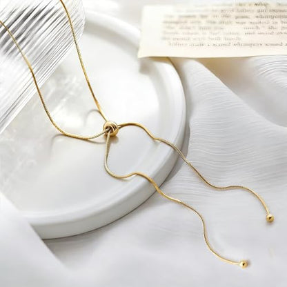18K Gold Plated Lariat Necklace for Women, Long Gold Y Necklace | Adjustable Long Gold Necklace for Women, Sliding Bead Lariat Design, Y Pendant Necklace, No Clasp Layering Jewelry