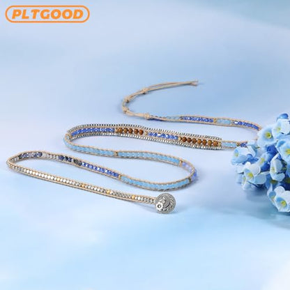 Boho 5 Wrap Bead Bracelet for Men Women - Handmade Adjustable Natural Chakras Stone Crystal Beaded Bracelets Cuff Rope Yoga Healing Bracelet Bangle Hippie Jewelry - color: Blue