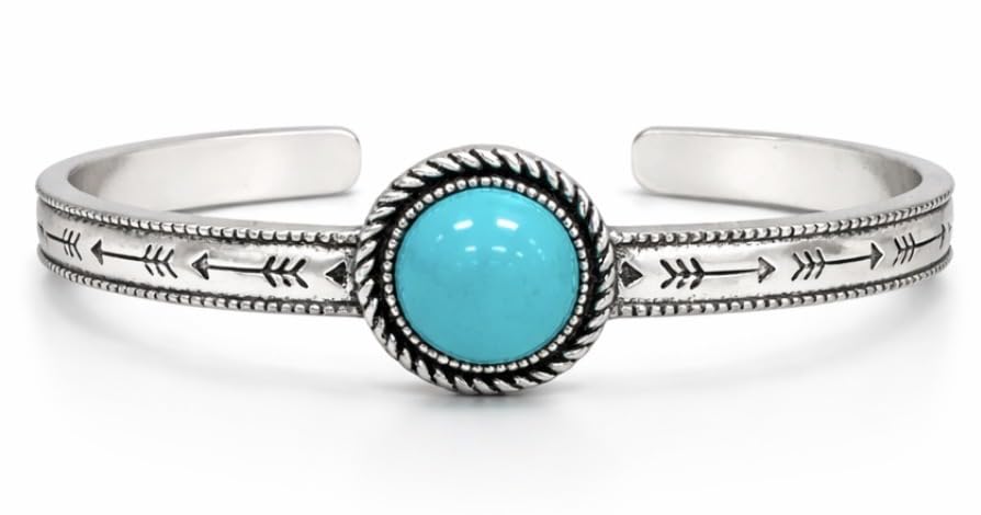 Isac Turquoise Cuff Bracelet and Ring Set, Silver-Tone, Boho Western Style, Arrow Engraved, Round Stone