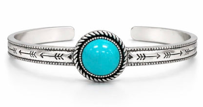 Isac Turquoise Cuff Bracelet and Ring Set, Silver-Tone, Boho Western Style, Arrow Engraved, Round Stone