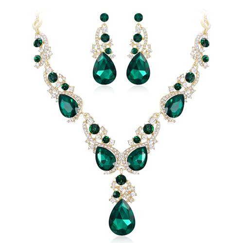 Women's Wedding Bridal Crystal Multi Teardrop Cluster Statement Necklace Dangle Earrings Set - color: Emerald Color Gold-Tone