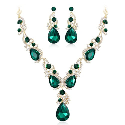 Women's Wedding Bridal Crystal Multi Teardrop Cluster Statement Necklace Dangle Earrings Set - color: Emerald Color Gold-Tone