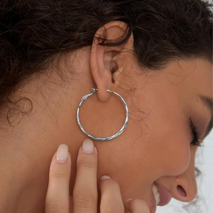 Diamond-Cut Double Hoop Earrings for Women 14k Gold Plated 925 Sterling Silver Posts Lightweight Hypoallergenic Split Hoop Earrings Trendy Jewelry Gifts for Women - color: SILVER