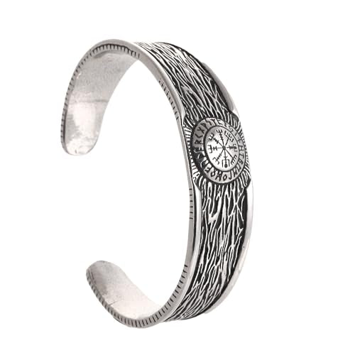 Vegvisir Cuff Bracelet for Men, Stainless Steel Viking Bangle, Norse Style Adjustable Bracelet