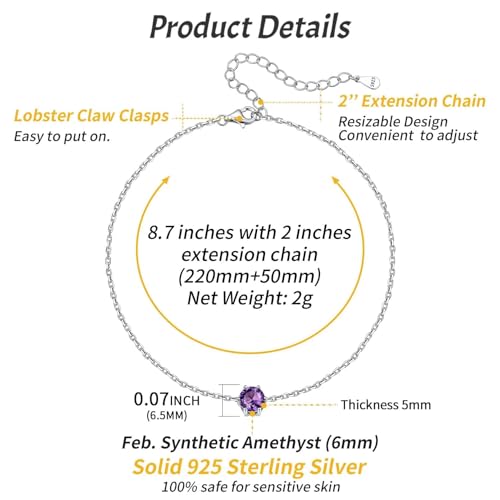 ChicSilver 925 Sterling Silver Anklets for Women, Simple Dainty Round/Heart Birthstone Ankle Bracelet Beach Foot Jewelry, 8.7-10.7 Inch Adjustable - color: 02. Round - February(Amethyst)