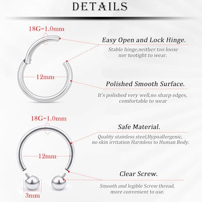 18G-2G Septum Rings 316L Surgical Steel Horseshoe Gauges Earrings Septum Nose Ring Silver Cartilage Helix Tragus Daith Rook Earring Hoop Lip Piercing Jewelry for Women Men - style: 18G(1.0mm)-Dia:12mm