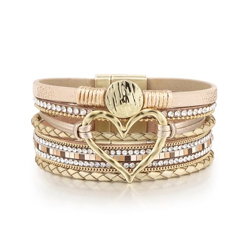 Edoneery Leather Wrap Bracelets for Women, Boho Layered Cuff Bangle | Multi-layer leather cuff, daily wear, stackable bangle, easy on-off, western jewelry gifts for women - color: Gold-5