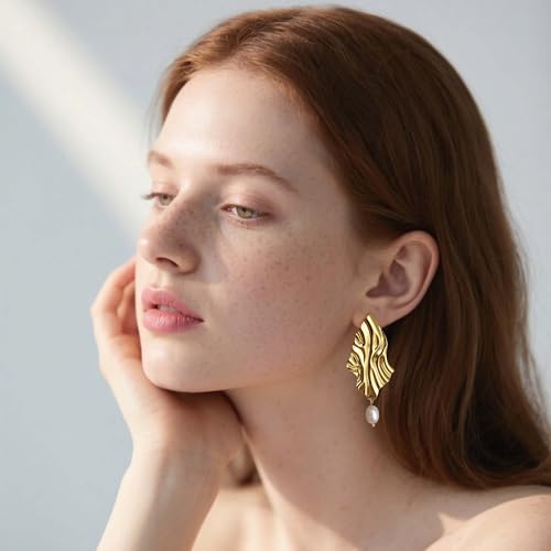 Large Geometric Drop Dangle Earrings for Women Pearl Teardrop Disc Rectangle Oval Fishtail Shell Shaped Textured Dangle Studs Earrings for Women - color: Gold-Pearl