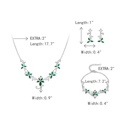 Crysdue Flower Leaf Wedding Jewelry Set for Bridal Bridemaid, Cubic Zirconia Teardrop Elegant Silver/14K/Rose Gold Plated Vine Necklace Dangle Earrings for Prom Party - style: B_Three Set Green