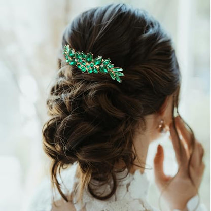 Bridal Crystal Hair Accessories Small Wedding Gold Hair Piece with Comb for Women Girls (Green) - color: Green
