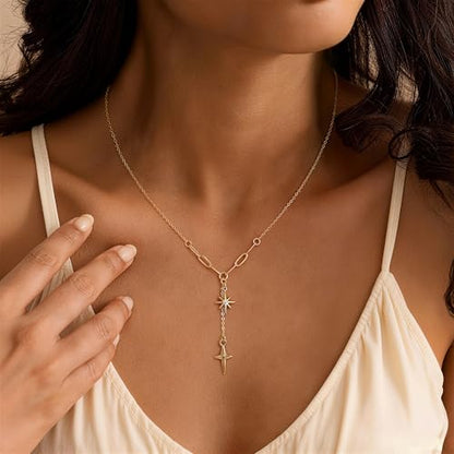CHESKY Lariat Necklace for Women，14k Gold/Sliver Plated Layered Necklace | Gold/Sliver Long Necklace，Dainty Cross Pendant, Wedding Y-Shaped Drop Chain, Waterproof Jewelry Gift for Women Everyday Wear - style: Ystar