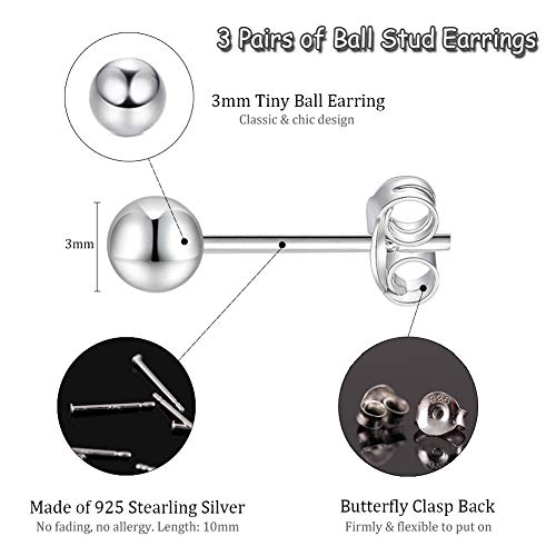 EPIRORA Sterling Silver Stud Earrings for Women Men- 3 Pairs 3mm Tiny Ball Stud Earrings Round CZ Earrings Pearl Earrings Set Cartilage Small Tragus Earrings - style: 3 Pairs-Round Ball Earrings