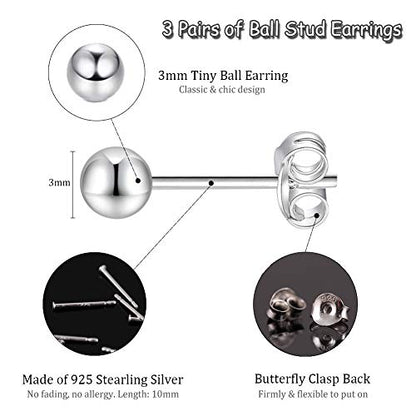 EPIRORA Sterling Silver Stud Earrings for Women Men- 3 Pairs 3mm Tiny Ball Stud Earrings Round CZ Earrings Pearl Earrings Set Cartilage Small Tragus Earrings - style: 3 Pairs-Round Ball Earrings