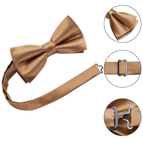 Hi-Tie 5Pcs Mens Solid Color Silk Tie Satin Pretied Bowtie Lapel Pin for Men Handkerchief Cufflink Wedding Gift Box - color: Deep Khaki