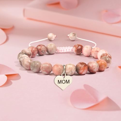 Mothers Day Gifts for Women, Natural Stone Beaded Bracelet Jewelry Birthday Gifts for Mom Grandma Aunt Mother in Law Nana Boyfriend Mom - color: Pink Zebra