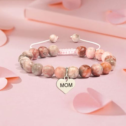 Mothers Day Gifts for Women, Natural Stone Beaded Bracelet Jewelry Birthday Gifts for Mom Grandma Aunt Mother in Law Nana Boyfriend Mom - color: Pink Zebra