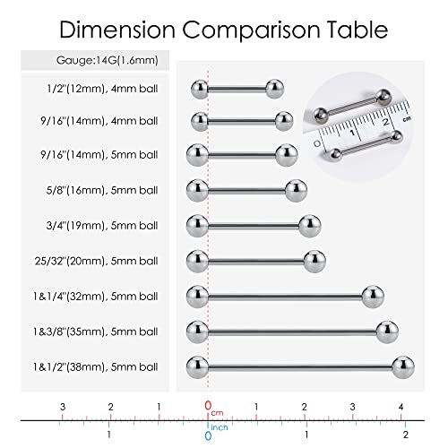 14G ASTM F136 Titanium Straight Barbell Rings for Nipple/Tongue/Dimply/Industrial - Internally Threaded Hypoallergenic Body Piercing Jewelry Gift for Women & Men, Nickel Free, Lead-Free - color: 14G(1.6mm), 1&1/2"(38mm), 5mm top