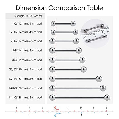 14G ASTM F136 Titanium Straight Barbell Rings for Nipple/Tongue/Dimply/Industrial - Internally Threaded Hypoallergenic Body Piercing Jewelry Gift for Women & Men, Nickel Free, Lead-Free - color: 14G(1.6mm), 1&1/2"(38mm), 5mm top