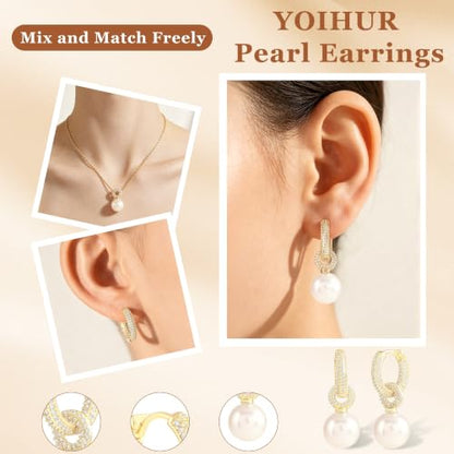 YOIHUR Drop Dangle Pearl Earrings for Women, Dainty 14K Gold Plated Pearl Hoop Earrings Hypoallergenic Wedding Pearls Dangle Earrings Jewelry Gift for Women Bridal - color: Gold -Lighting CZ Pearl Earrings