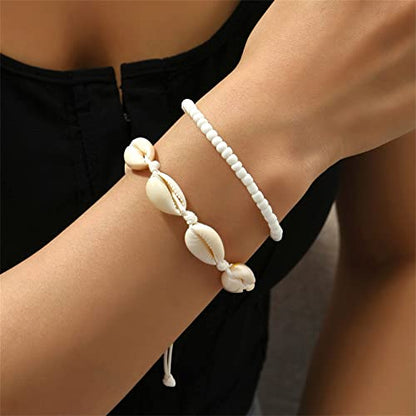 Shell Ankle Bracelet Set for Women,Boho Adjustable Beads Anklet Pack Natural White Shells Stack Stretch Seashell Pearl Starfish Bracelet Set Hawaiian Beach Vacation Foot Jewelry - style: J-Shell Beads