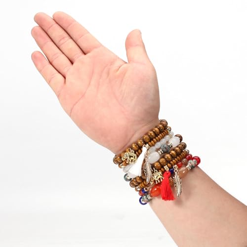 4Pcs Bohemia Multilayer Stackable Elephant Leaf Tassel Bracelets Colorful Wooden Resin Beaded Stretch Bracelets for Women Men Summer Beach Boho Vacation Hawaii Jewelry Gifts - style: StyleA