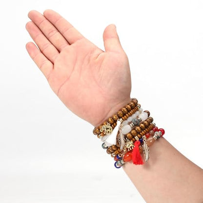4Pcs Bohemia Multilayer Stackable Elephant Leaf Tassel Bracelets Colorful Wooden Resin Beaded Stretch Bracelets for Women Men Summer Beach Boho Vacation Hawaii Jewelry Gifts - style: StyleA