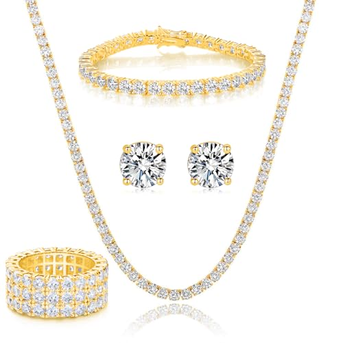 Gemsme 18K Yellow Gold Plated Tennis Necklace/Bracelet/Earrings/3 Row Ring Sets Pack of 4 - color: Yellow Gold
