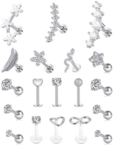Tornito 9-30Pcs Cartilage CZ Stud Earrings Conch Forward Helix Tragus Daith Piercing Lip Rings Snake Heart Butterfly Jewelry for Women Men 16G Silver Gold Tone - color: F:Silver Tone