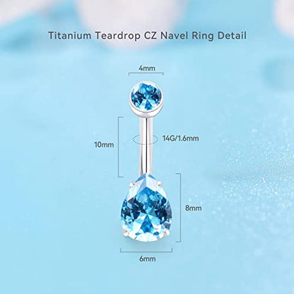 limerencia 14G G23 Titanium Belly Button Ring with Small Teardrop Cubic Zirconia 10mm Internally Threaded Navel Piercing Jewelry - color: Aquamarine