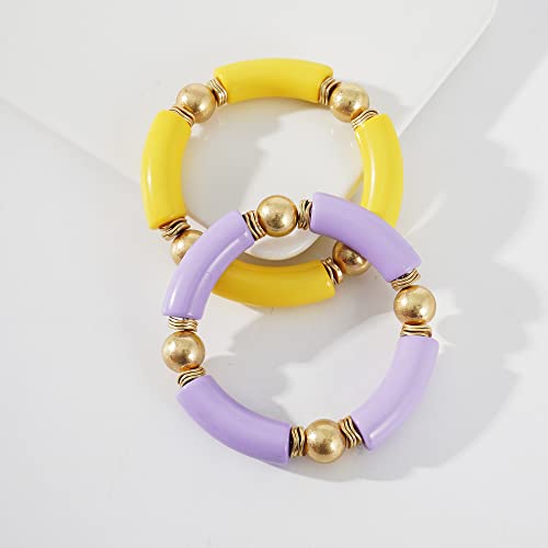LALAPPLE Gold Plated Beaded Acrylic Bamboo Tube Bangle Bracelets for Women, Colorful Chunky Curved Tube With Gold Plated Pieces Beads Stretch Bracelet Friendship Summer Beach Jewelry - color: V-Yellow&Light purple 2pcs