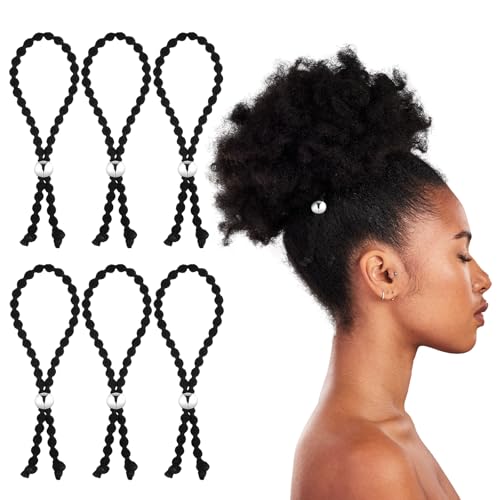 6 Piece Adjustable No-Slip Hair Ties Black Drawstring Hair Accessories Silk Soft Afro Puff Cuff Drawstring Ponytail Holders Satin Hairband Black Elastic Hairs Scrunchies for Curly Thick Heavy Hairs