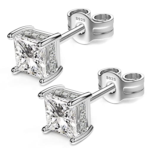 Princess Cut Cubic Zirconia Stud Earrings for Men Women | Square CZ Simulated Diamond Studs, 18K White Gold Plated Sterling Silver, Hypoallergenic - color: White Gold, size: 4MM