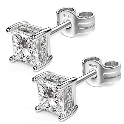 Princess Cut Cubic Zirconia Stud Earrings for Men Women | Square CZ Simulated Diamond Studs, 18K White Gold Plated Sterling Silver, Hypoallergenic - color: White Gold, size: 4MM