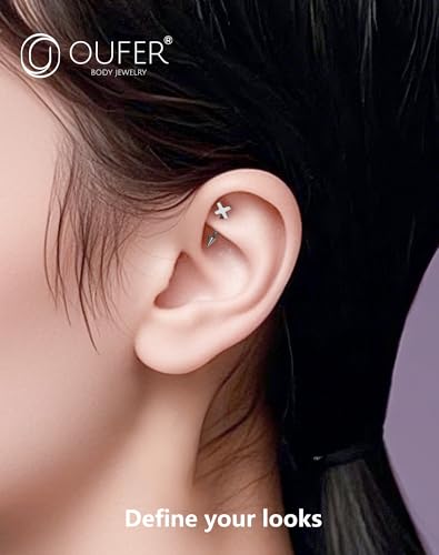 OUFER Rook Piercing Jewelry, G23 Solid Titanium Eyebrow Rings, Heart Vertical Labret Lip Jewelry, 16G Curved Barbells, Daith Rook Earrings for Women Men - color: Cross, size: 16G 8mm