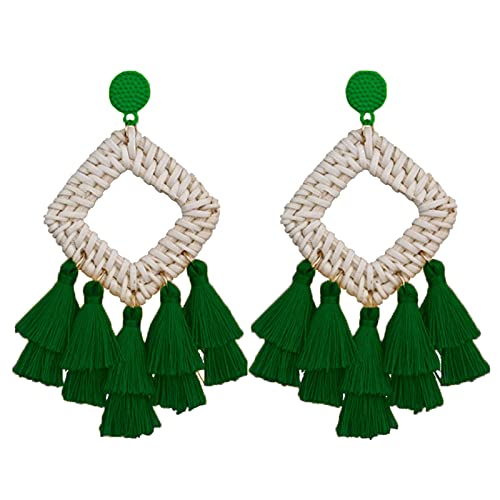 Bohemia Tassel Earrings Statement Handmade Dangle Ethnic Fringe Earrings Bamboo Weaving Geometric Square Sector Gifts for Women - color: F green