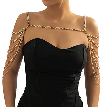 Summer Beach Punk Shoulder Body Chain Multi-Layered Back Chain Bikini Metal Tassel Arm Chain Statement Bridal Wedding Backdrop Necklace Body Chain Jewelry for Women - color: Gold