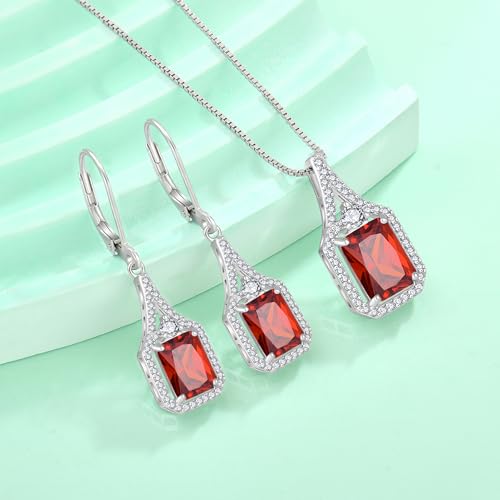 Created Gemstone Necklace 925 Sterling Silver Halo Rectangular Pendant Birthstone Necklaces Jewelry Gifts for Women - color: 01 January - Garnet