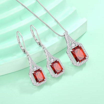 Created Gemstone Necklace 925 Sterling Silver Halo Rectangular Pendant Birthstone Necklaces Jewelry Gifts for Women - color: 01 January - Garnet