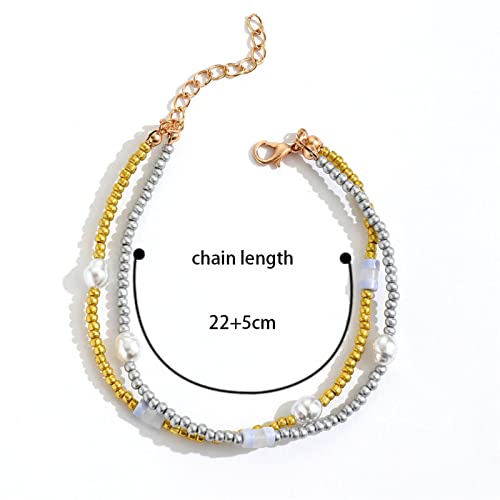 YienDoo Boho Layered Pearl Anklet Bracelet Gold Silver Faux Pearl Ankle Chain Layered Charm Anklet Minimalist Summer Beach Anklet Foot Jewelry Gifts for Women Girls
